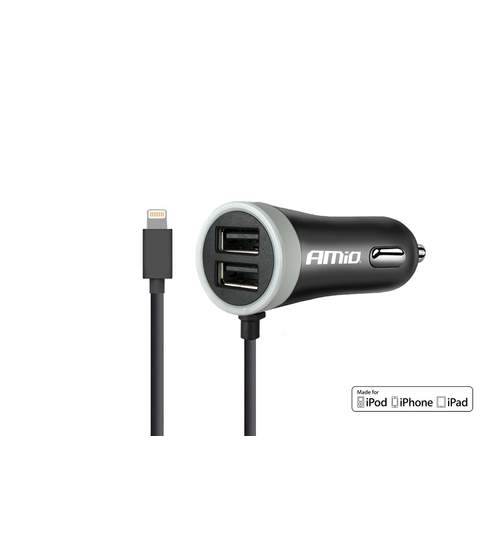 Incarcator auto cu 2 USB si cablu Lightning pentru iPhone sau iPad, 2.4A