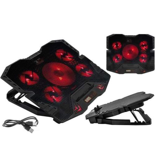Cooler laptop 9-17", reglabil, 5 ventilatoare, 2xusb, cu ecran LCD, negru