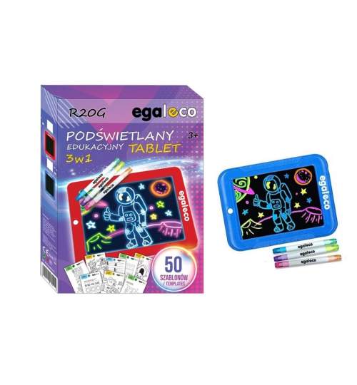 Tabla desen educativa, iluminata LED, 8 culori, 50 template-uri, 25,5 x 19 x 1,5 cm, albastru