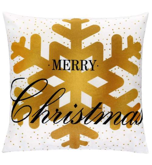 Fata de Perna Decorativa de Craciun, model Merry Christmas, dimensiune 40x40, alb/auriu