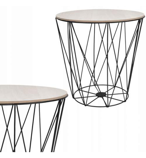 Masuta de cafea rotunda din MDF cu cadru metalic, inaltime 39 cm, diametru 40 cm, natur/negru