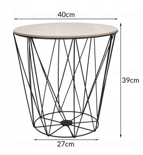 Masuta de cafea rotunda din MDF cu cadru metalic, inaltime 39 cm, diametru 40 cm, natur/negru
