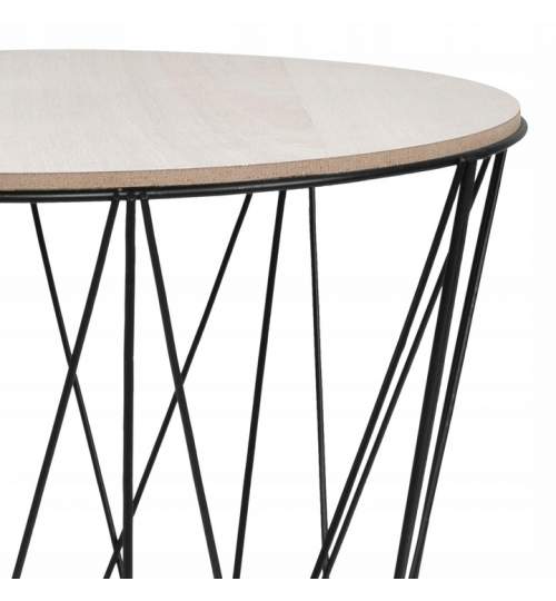 Masuta de cafea rotunda din MDF cu cadru metalic, inaltime 39 cm, diametru 40 cm, natur/negru