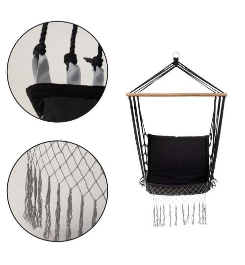 Hamac Brazilian tip Scaun Suspendat pentru Curte sau Gradina, cu franjuri, capacitate 120kg, 50x50cm, Negru