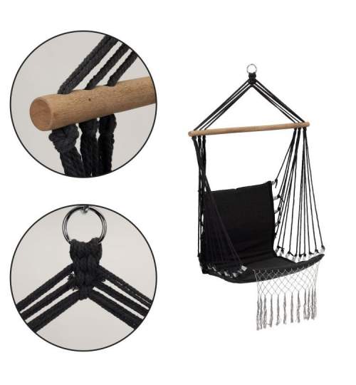 Hamac Brazilian tip Scaun Suspendat pentru Curte sau Gradina, cu franjuri, capacitate 120kg, 50x50cm, Negru