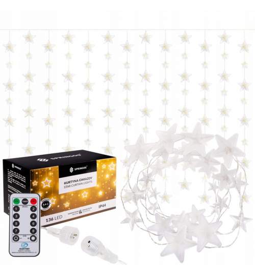 Instalatie luminoasa model stelute cu 136 LED-uri, pentru Craciun, tip Perdea, cu telecomanda, 2m, alb cald