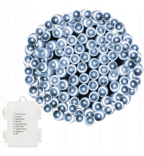Instalatie luminoasa de Craciun 120 LED-uri, lungime totala 9m , 8 functii, 3x baterii AA, culoare alb rece