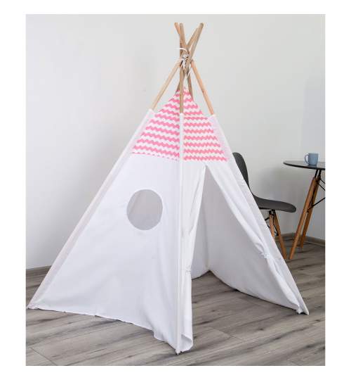 Cort de Joaca pentru Copii tip Casuta Indian, 106x106x150 cm, Culoare Alb/Roz