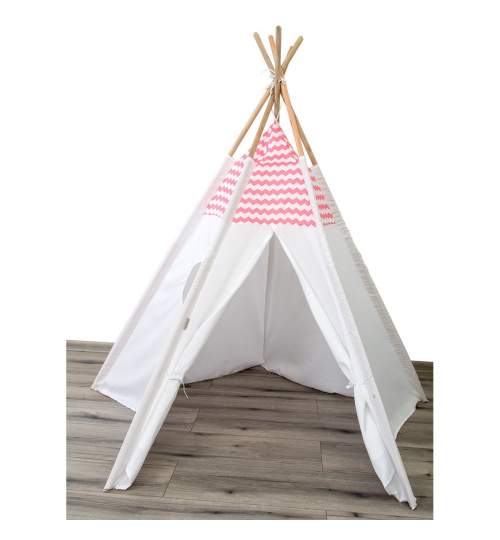 Cort de Joaca pentru Copii tip Casuta Indian, 106x106x150 cm, Culoare Alb/Roz