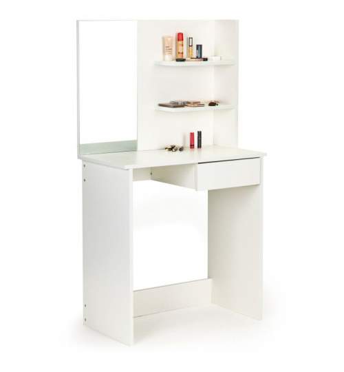 Masa de Toaleta pentru Machiaj cu Oglinda, Sertar si Rafturi pentru Cosmetice, design Modern, Culoare Alb