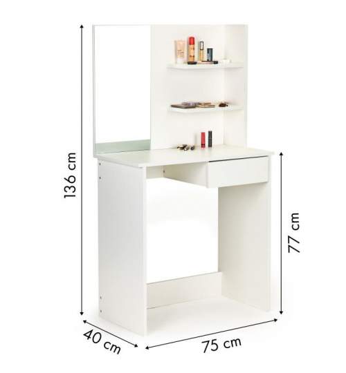 Masa de Toaleta pentru Machiaj cu Oglinda, Sertar si Rafturi pentru Cosmetice, design Modern, Culoare Alb