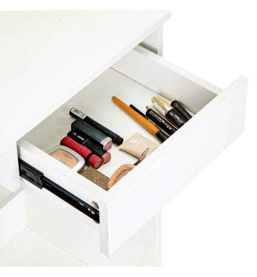 Masa de Toaleta pentru Machiaj cu Oglinda, Sertar si Rafturi pentru Cosmetice, design Modern, Culoare Alb