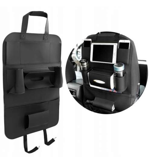Organizator auto universal multifunctional pentru scaun, Piele Ecologica, 58x41 cm, negru